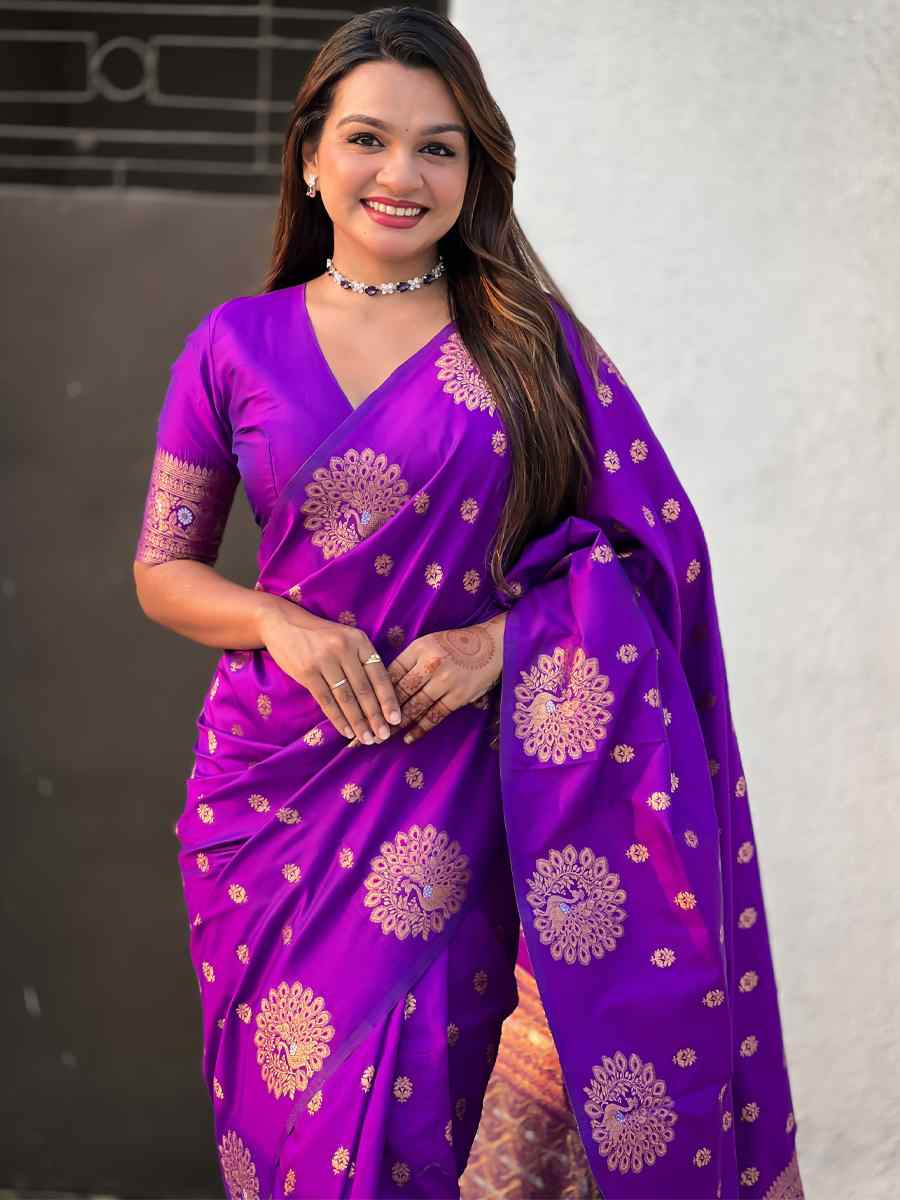 Purple Moonga Silk Handwoven Festival Wedding Heavy Border Saree