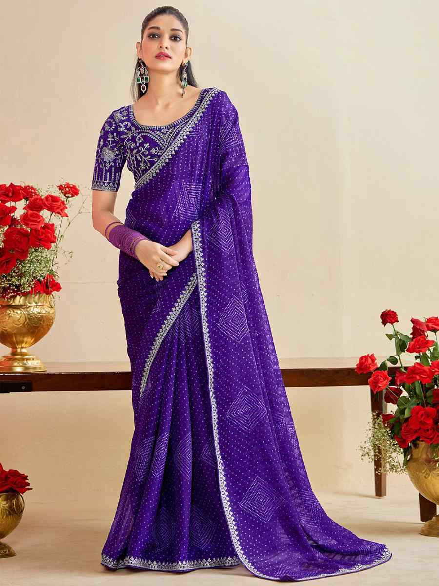 Purple Moss Chiffon Embroidery Party Bridal Reception Festival Wedding Fancy Heavy Border Saree