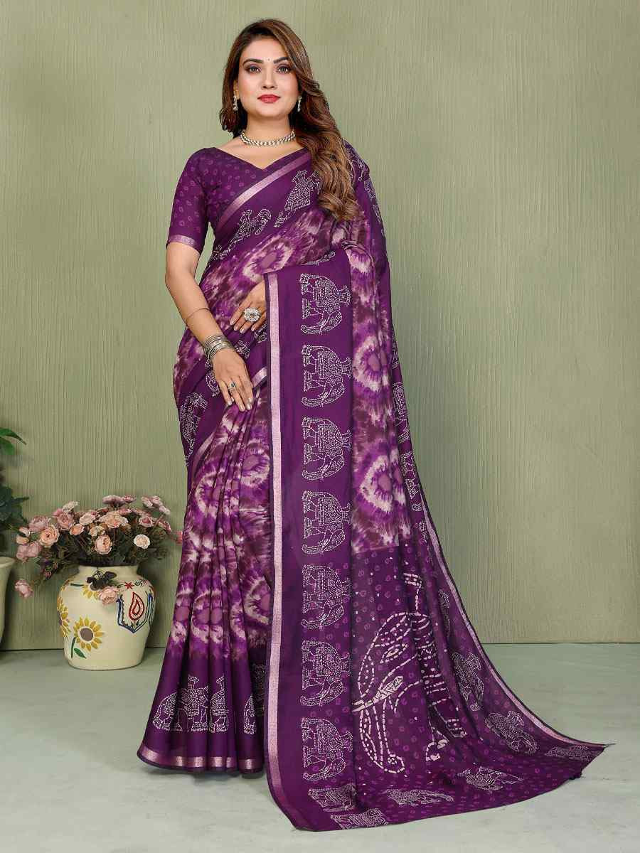 Purple Mul Cotton Printed Casual Reception Festival Wedding Fancy Classic Style Sarees