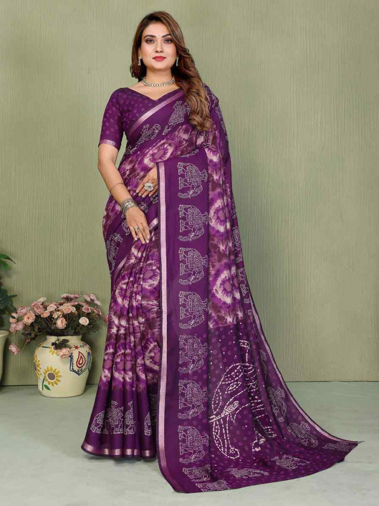 Image of Purple Mul Cotton Printed Casual Reception Festival Wedding Fancy Classic Style Sarees