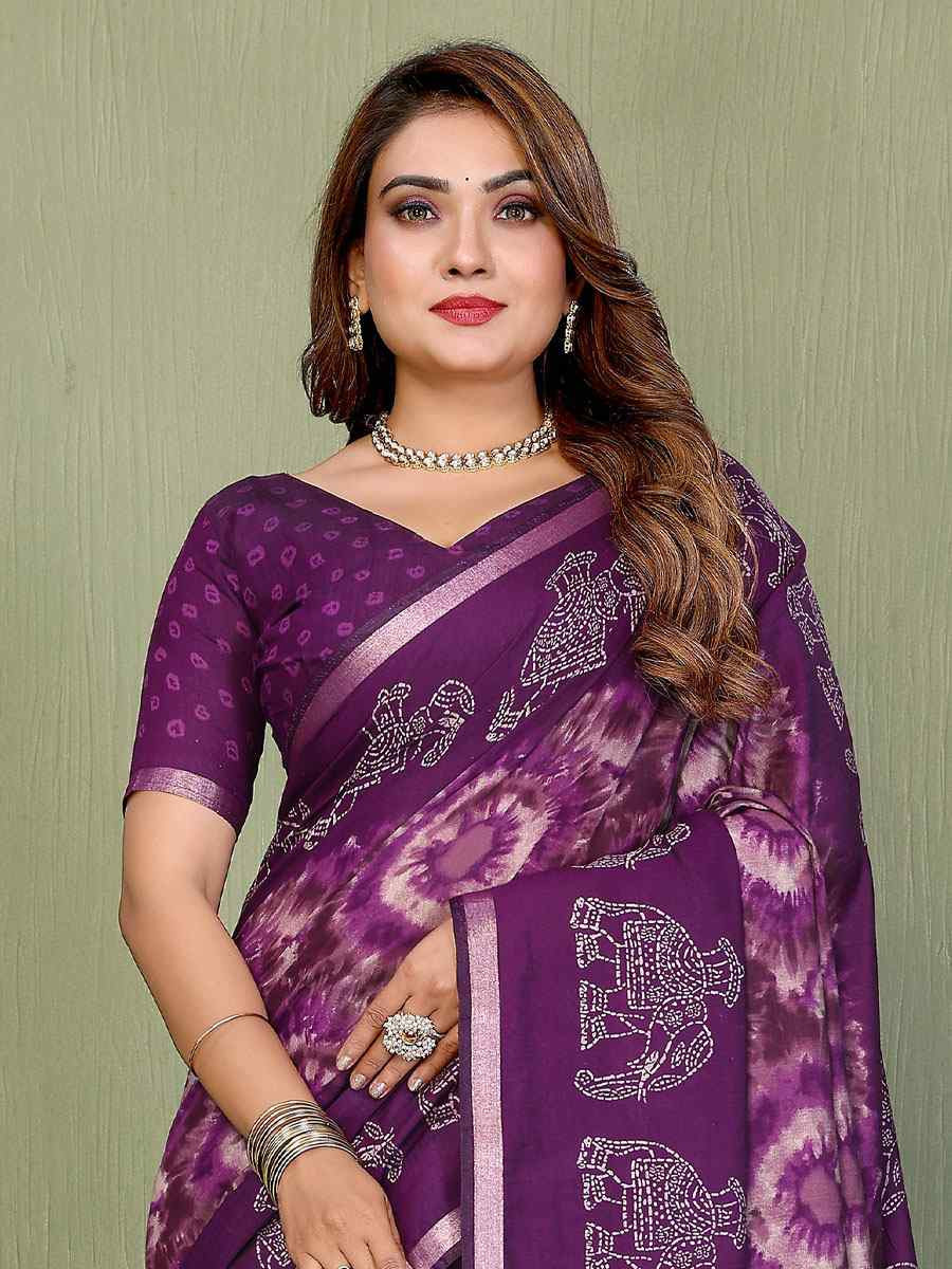 Purple Mul Cotton Printed Casual Reception Festival Wedding Fancy Classic Style Sarees
