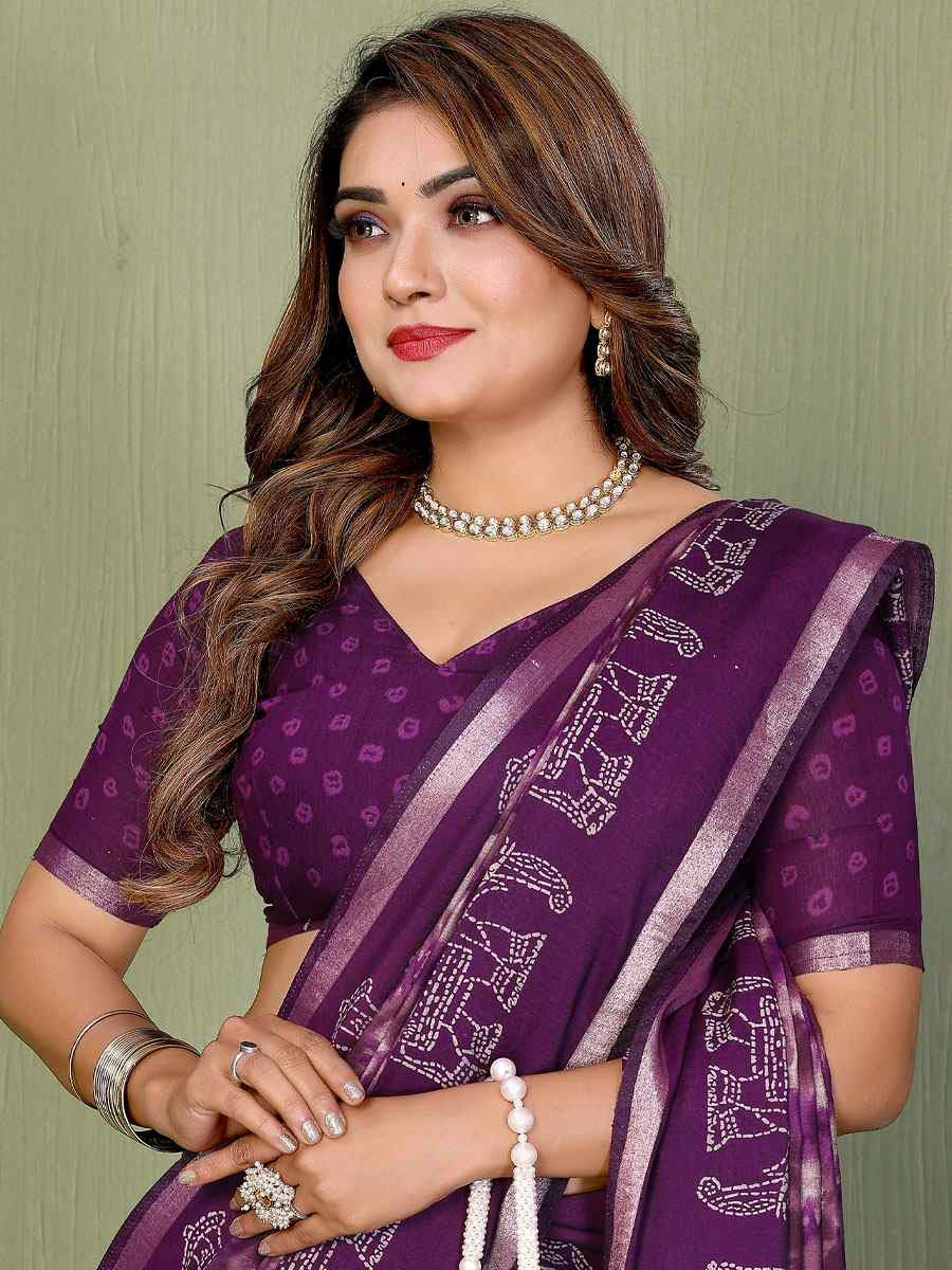 Purple Mul Cotton Printed Casual Reception Festival Wedding Fancy Classic Style Sarees
