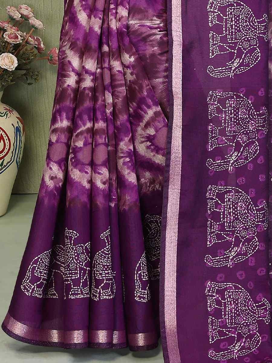 Purple Mul Cotton Printed Casual Reception Festival Wedding Fancy Classic Style Sarees