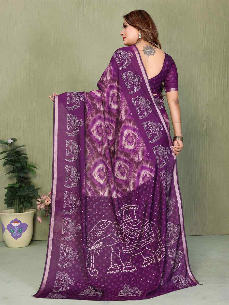 Purple Mul Cotton Printed Casual Reception Festival Wedding Fancy Classic Style Sarees