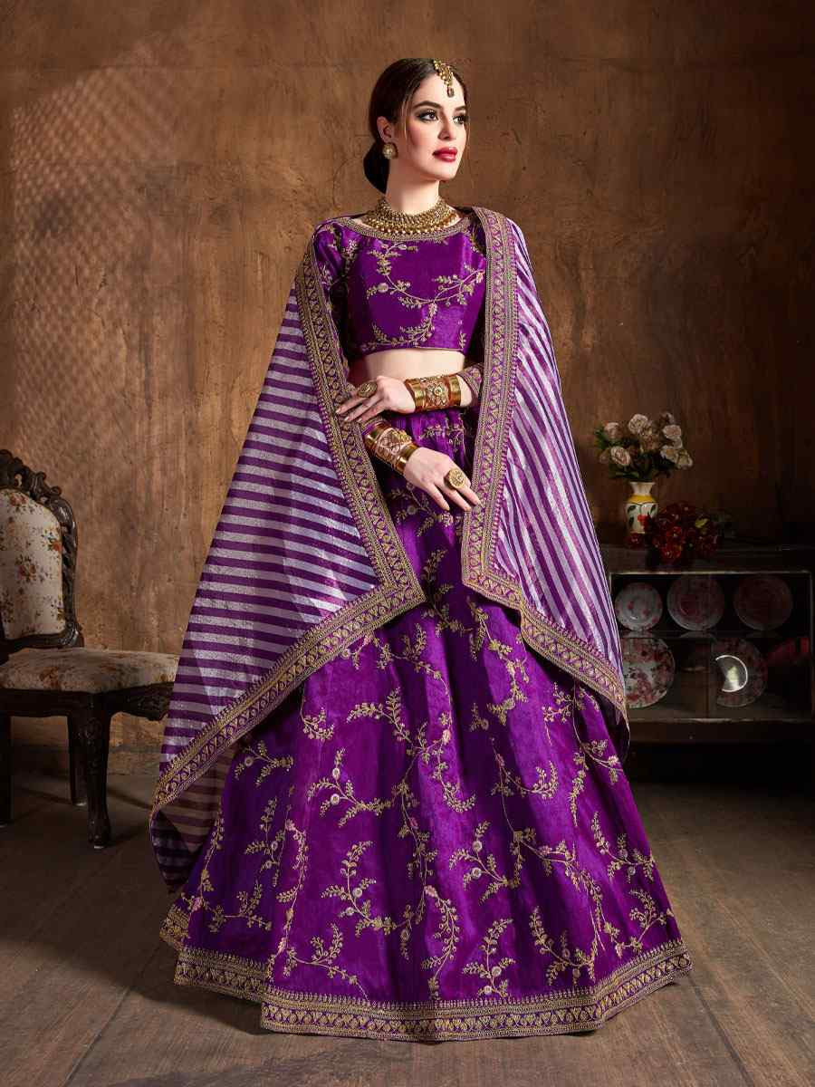 Purple Mulberry Silk Embroidered Wedding Reception Festival Heavy Border Lehenga Choli