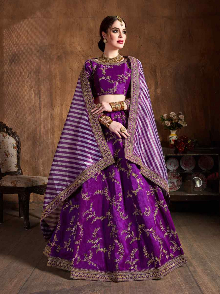 Image of Purple Mulberry Silk Embroidered Wedding Reception Festival Heavy Border Lehenga Choli