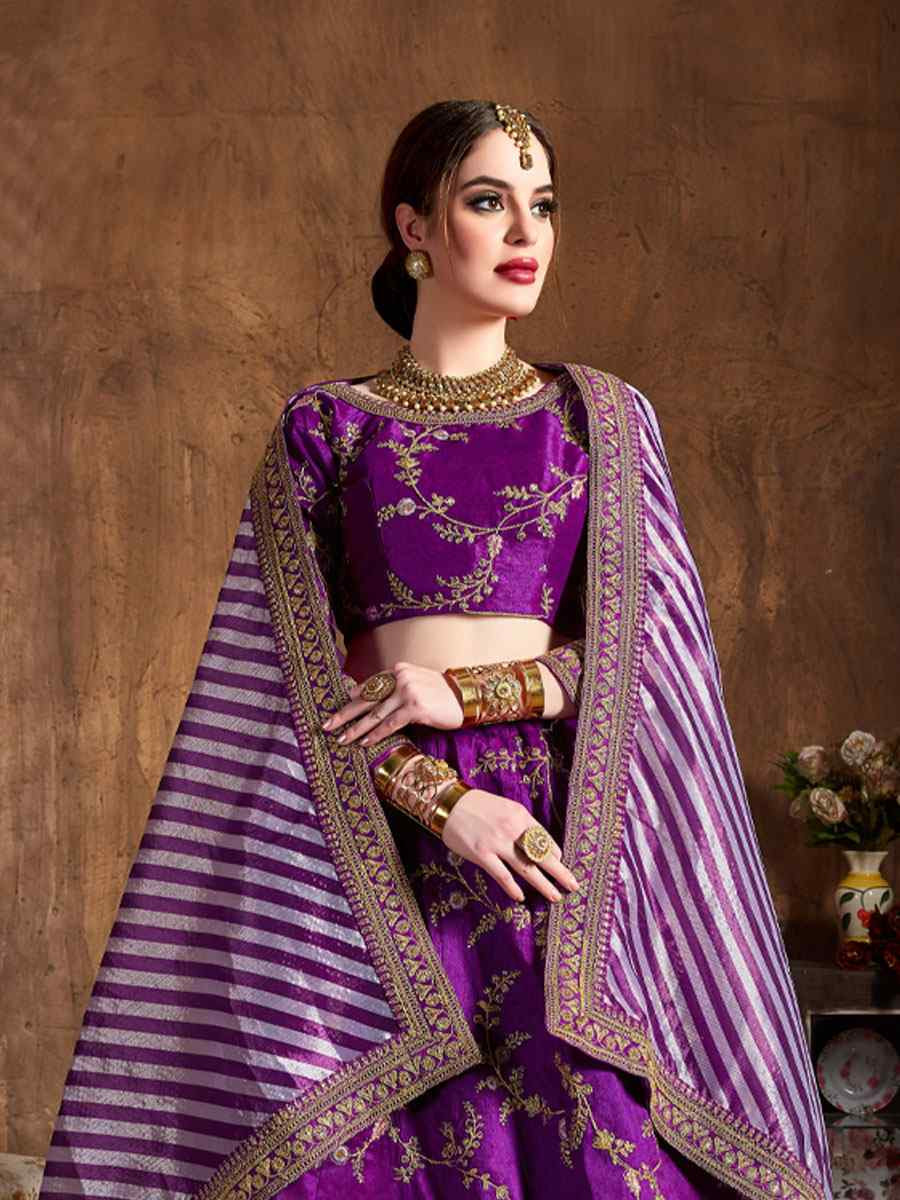 Purple Mulberry Silk Embroidered Wedding Reception Festival Heavy Border Lehenga Choli