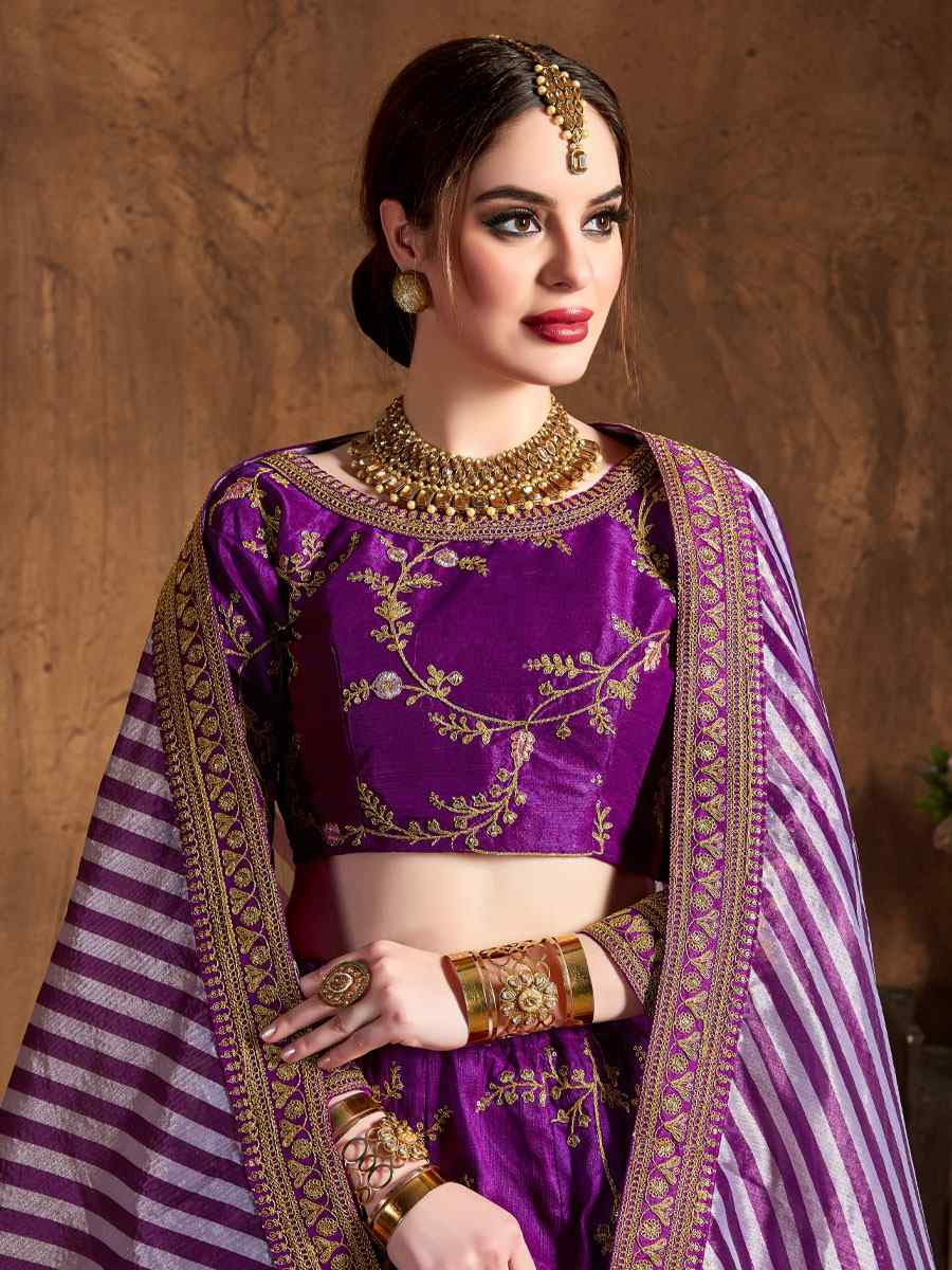 Purple Mulberry Silk Embroidered Wedding Reception Festival Heavy Border Lehenga Choli