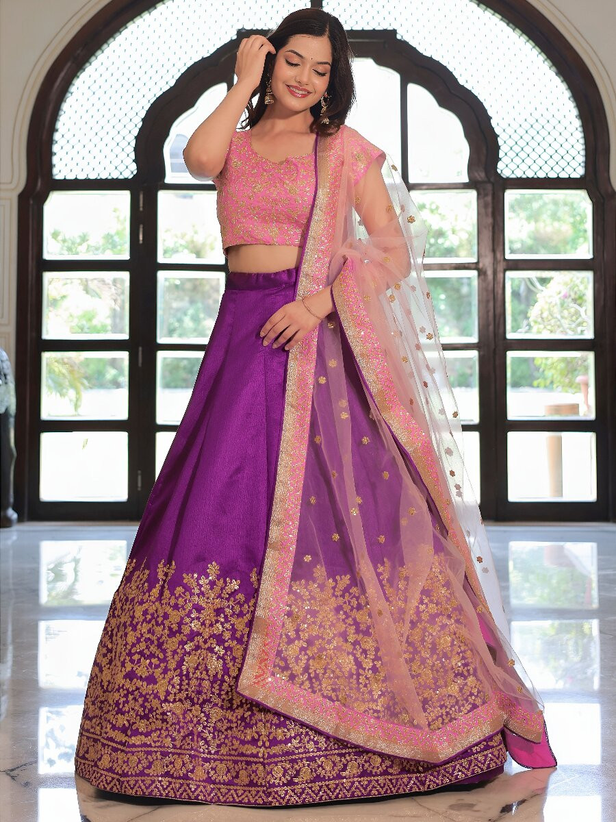 Purple Mulberry Silk Embroidery Sequins Zari Wedding Reception Party Festival Heavy Border Lehenga Choli