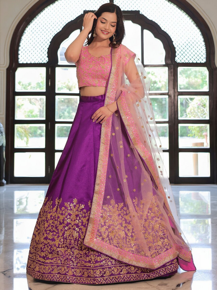 Image of Purple Mulberry Silk Embroidery Sequins Zari Wedding Reception Party Festival Heavy Border Lehenga Choli