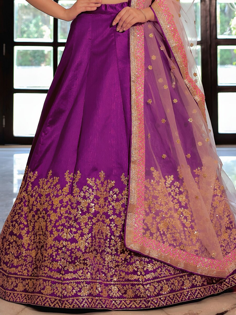 Purple Mulberry Silk Embroidery Sequins Zari Wedding Reception Party Festival Heavy Border Lehenga Choli