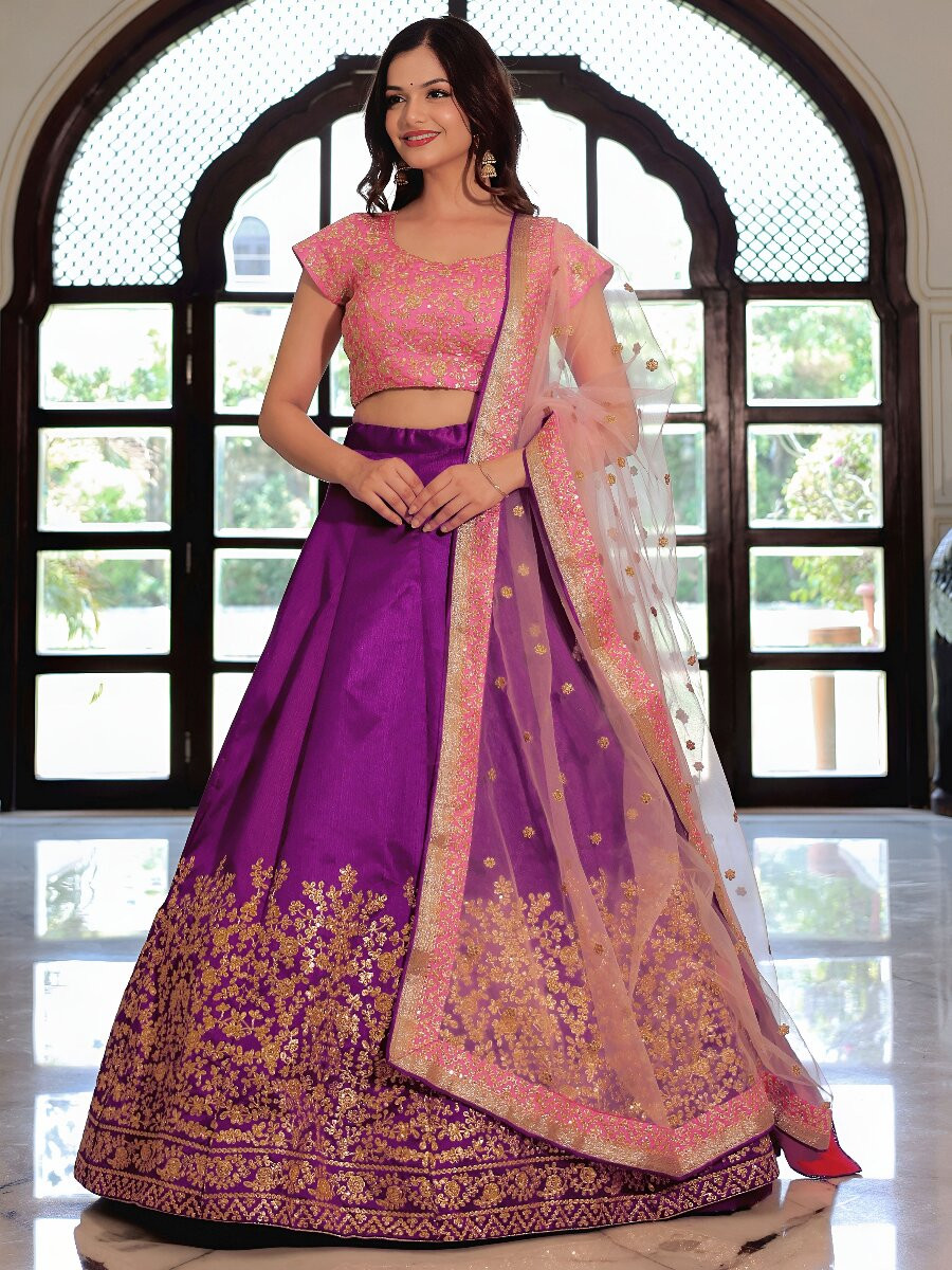 Purple Mulberry Silk Embroidery Sequins Zari Wedding Reception Party Festival Heavy Border Lehenga Choli
