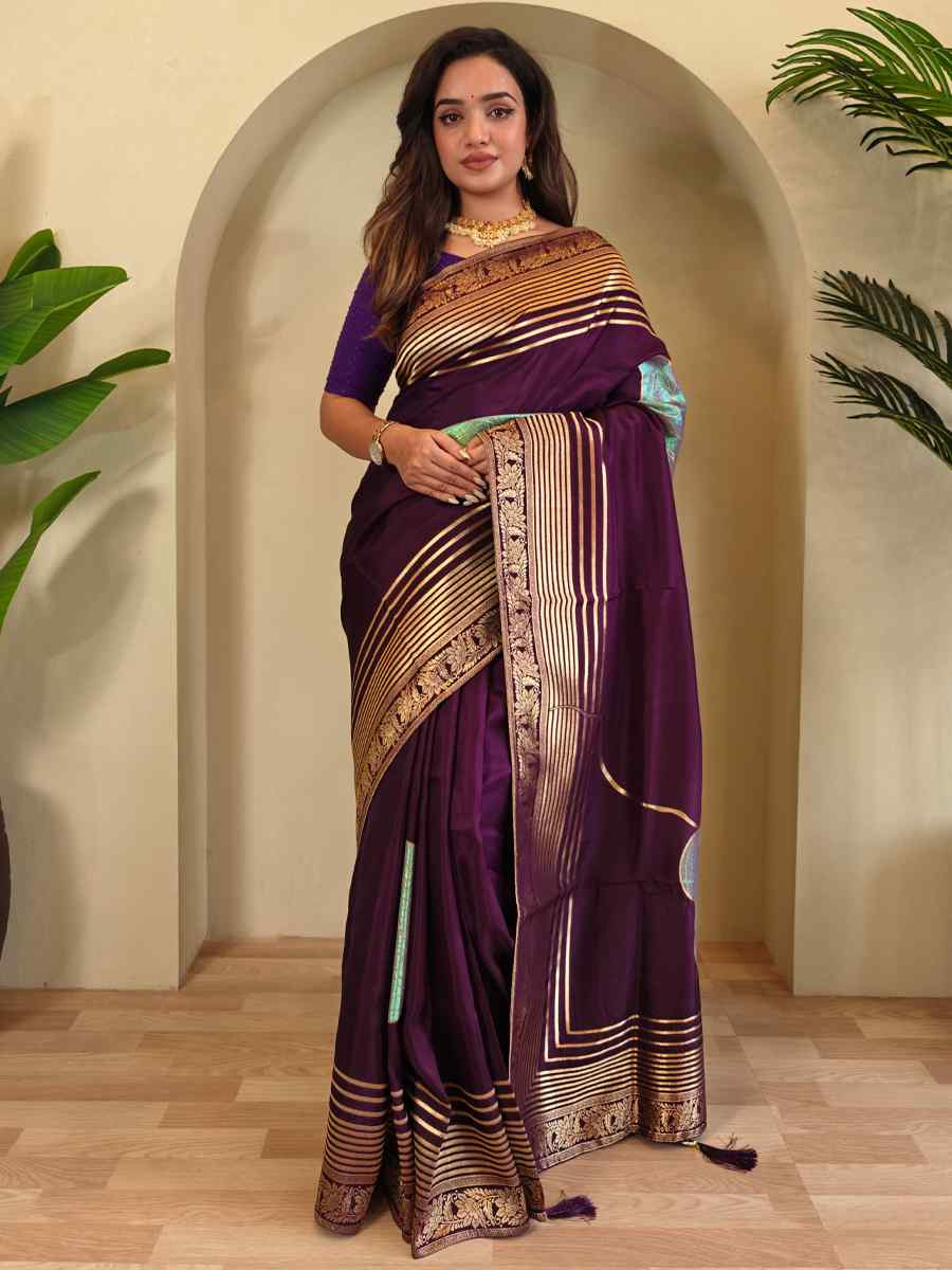 Purple Munga Silk Handwoven Festival Wedding Fancy Heavy Border Saree