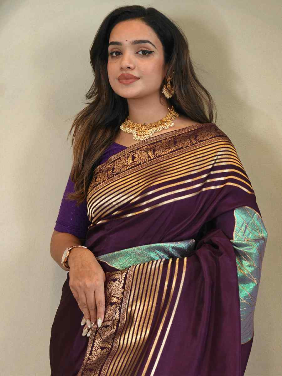 Purple Munga Silk Handwoven Festival Wedding Fancy Heavy Border Saree