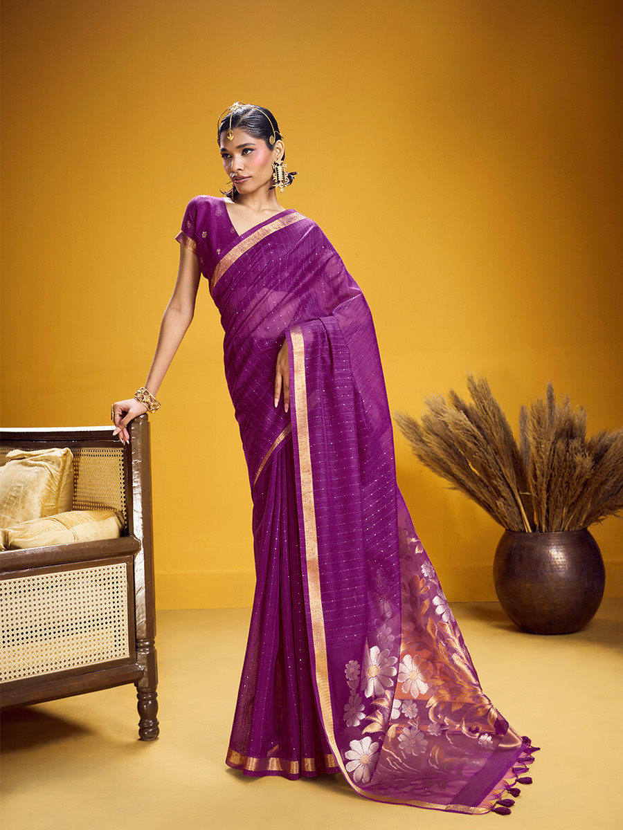 Purple Munga Silk Printed Zari Festival Wedding Party Fancy Reception Heavy Border Saree