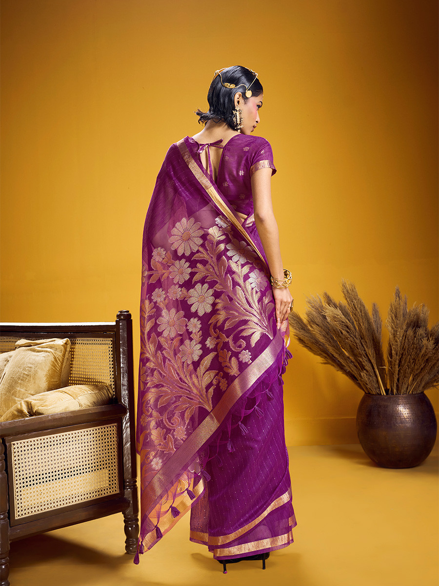 Purple Munga Silk Printed Zari Festival Wedding Party Fancy Reception Heavy Border Saree