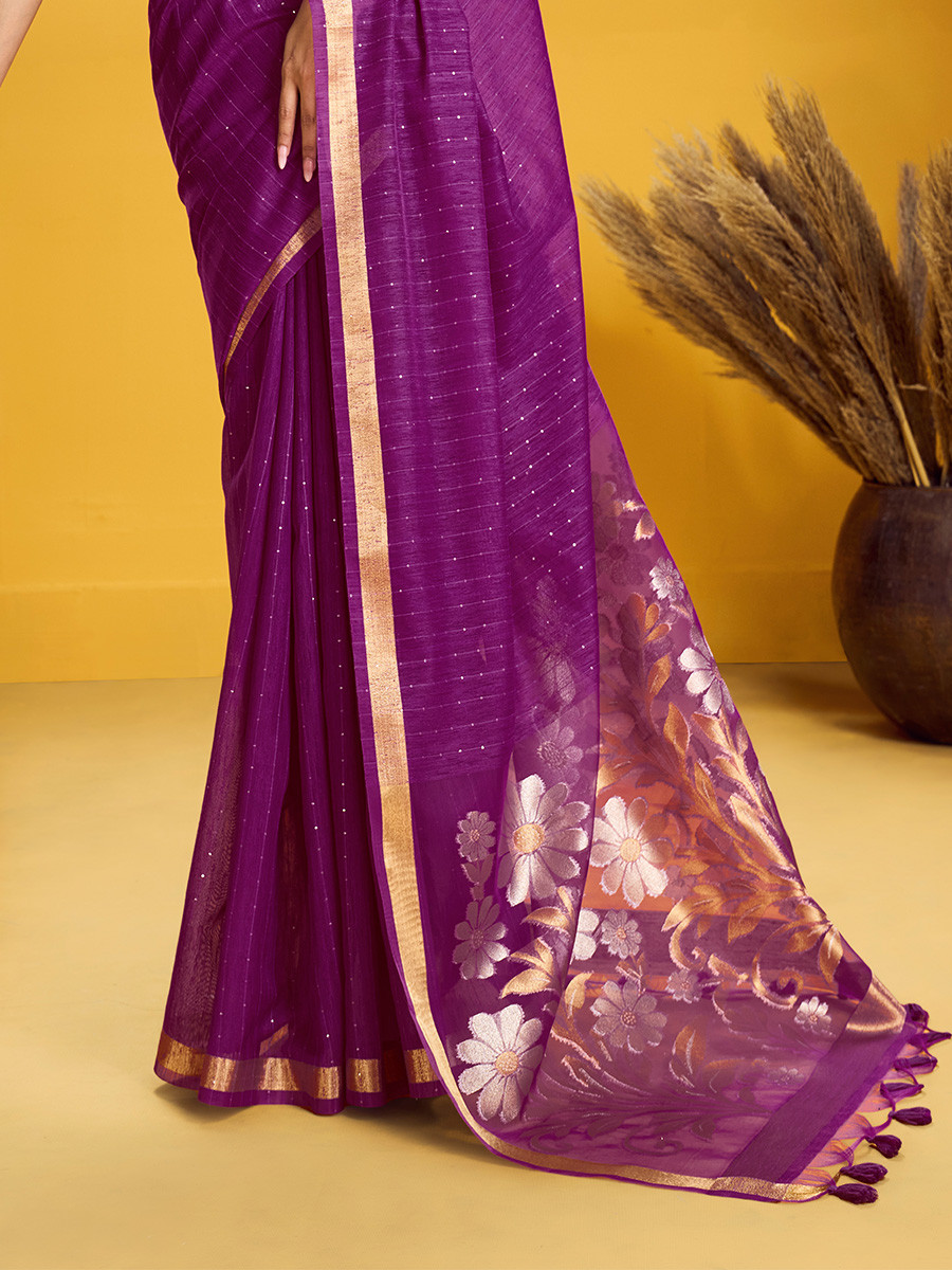 Purple Munga Silk Printed Zari Festival Wedding Party Fancy Reception Heavy Border Saree