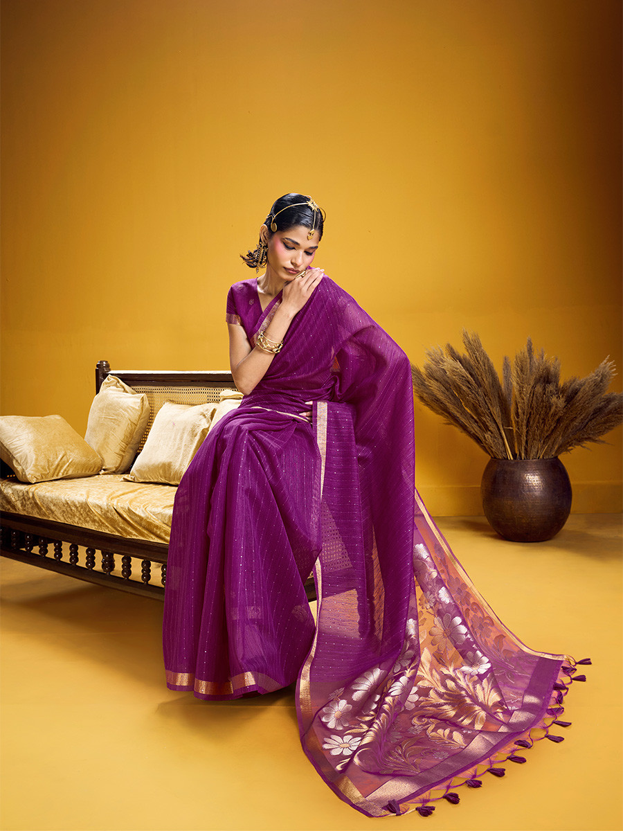 Purple Munga Silk Printed Zari Festival Wedding Party Fancy Reception Heavy Border Saree