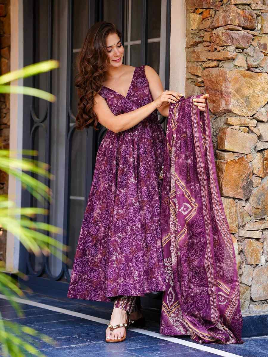 Purple Muslin Cotton Printed Party Wedding Festival Casual Ready Anarkali Salwar Kameez