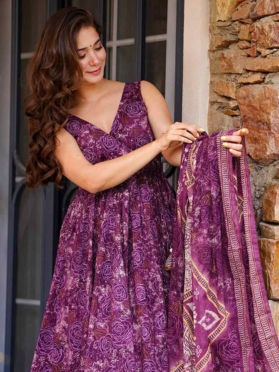 Purple Muslin Cotton Printed Party Wedding Festival Casual Ready Anarkali Salwar Kameez