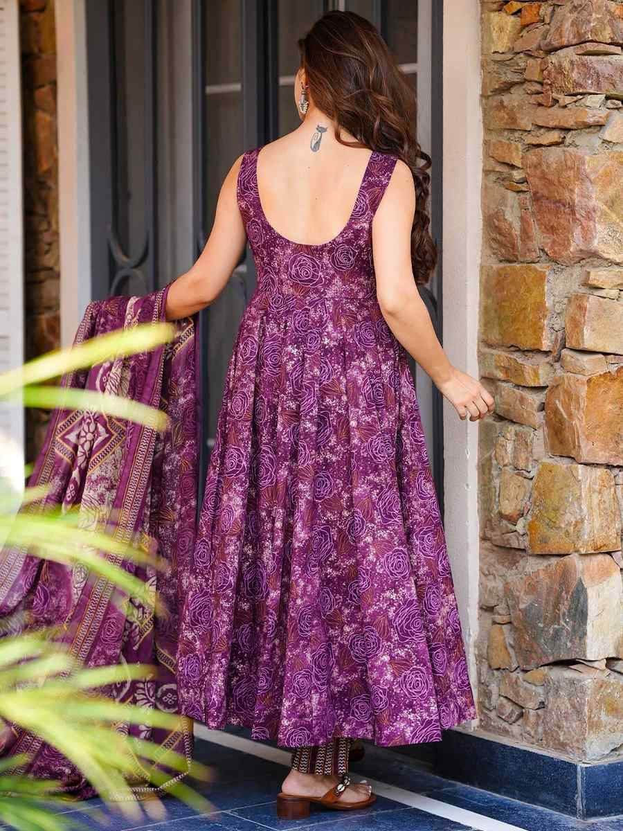 Purple Muslin Cotton Printed Party Wedding Festival Casual Ready Anarkali Salwar Kameez