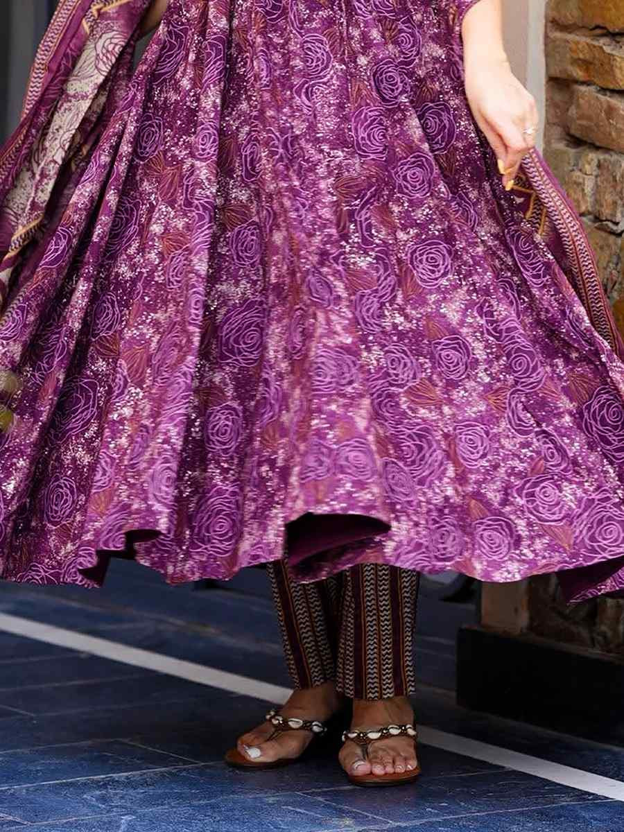 Purple Muslin Cotton Printed Party Wedding Festival Casual Ready Anarkali Salwar Kameez