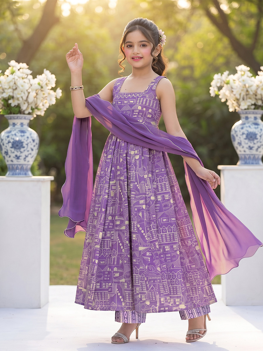 Purple Muslin Printed Ethnic Casual Festival Party Wedding Gown