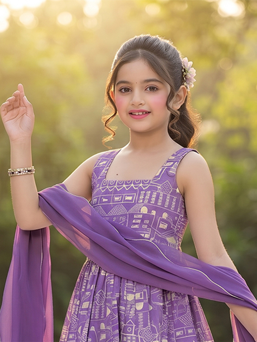 Purple Muslin Printed Ethnic Casual Festival Party Wedding Gown