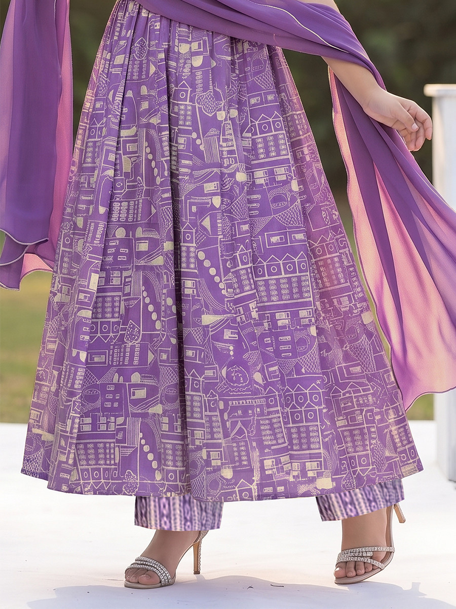 Purple Muslin Printed Ethnic Casual Festival Party Wedding Gown