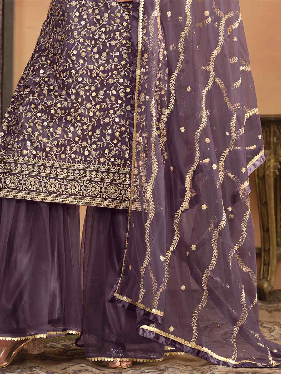 Purple Net Embroidered Bridesmaid Wedding Palazzo Pant Salwar Kameez