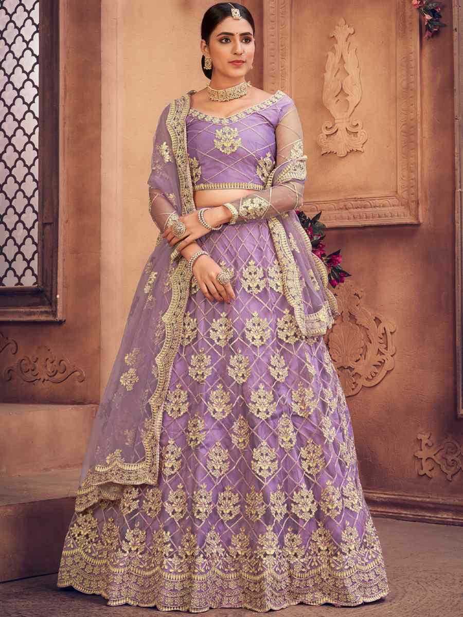 Purple Net Embroidered Festival Party Wear Heavy Border Lehenga Choli