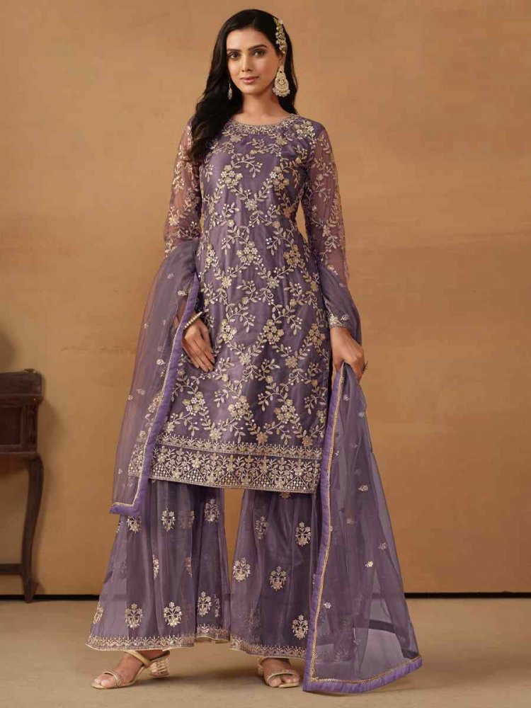 Purple Net Embroidered Festival Wedding Sharara Pant Salwar Kameez
