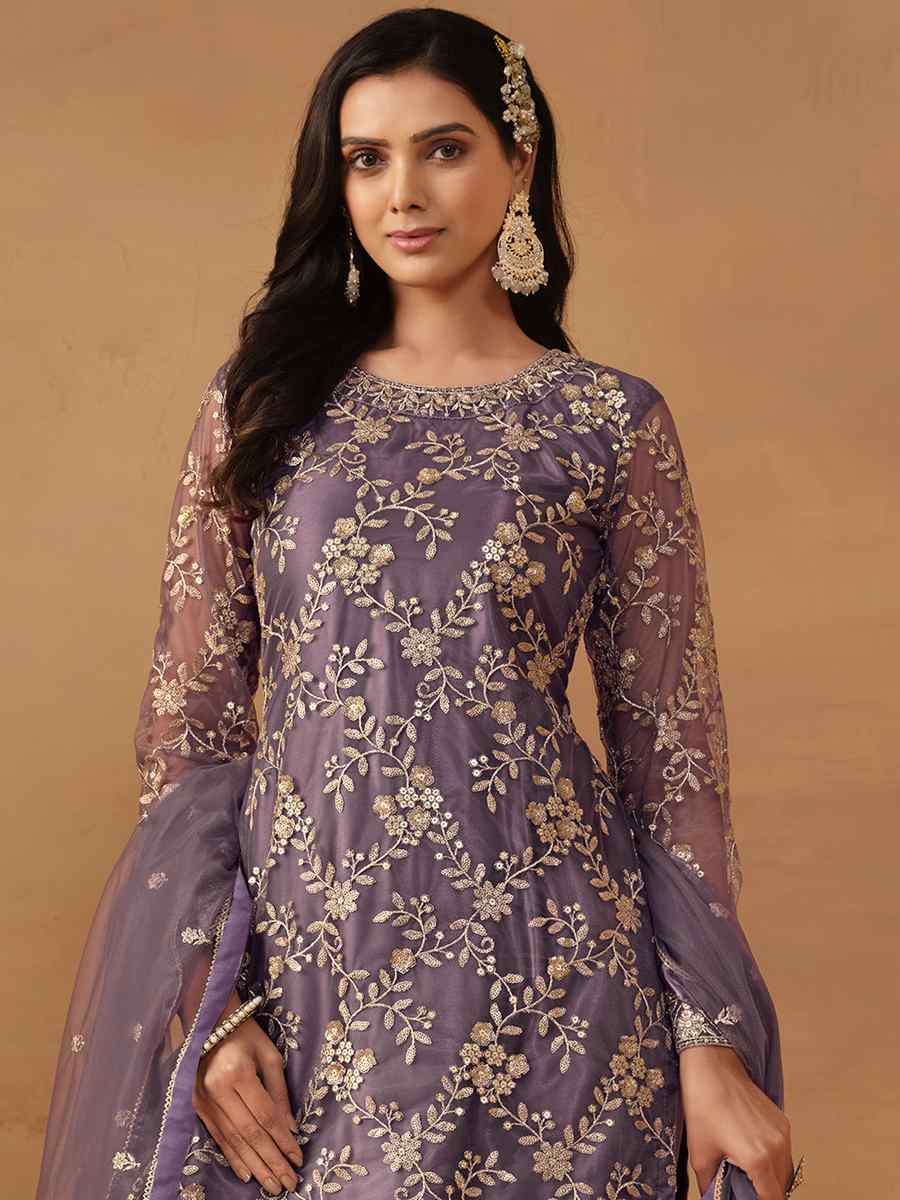 Purple Net Embroidered Festival Wedding Sharara Pant Salwar Kameez