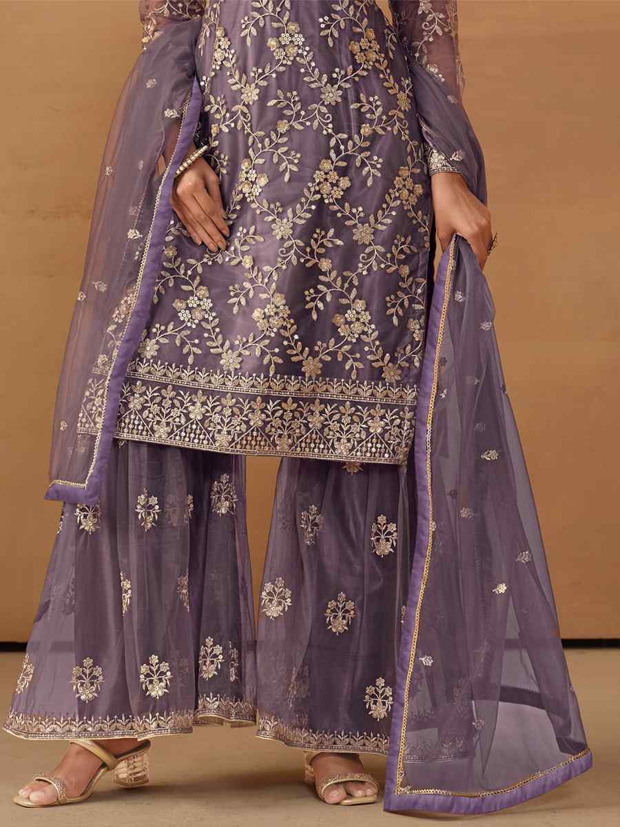 Purple Net Embroidered Festival Wedding Sharara Pant Salwar Kameez
