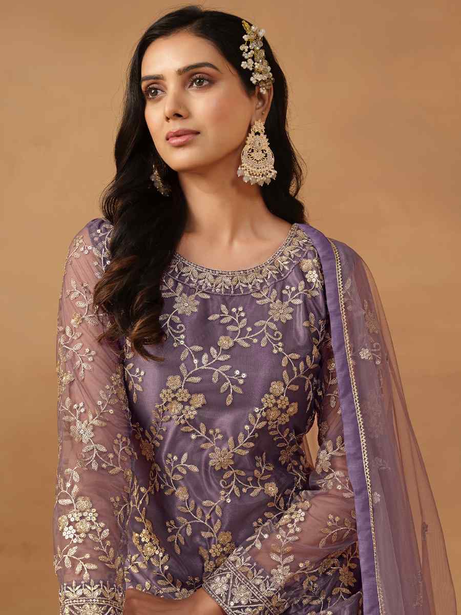 Purple Net Embroidered Festival Wedding Sharara Pant Salwar Kameez