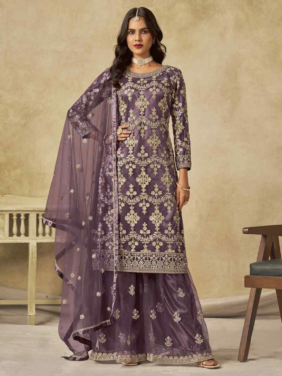 Purple Net Embroidered Festival Wedding Sharara Pant Salwar Kameez