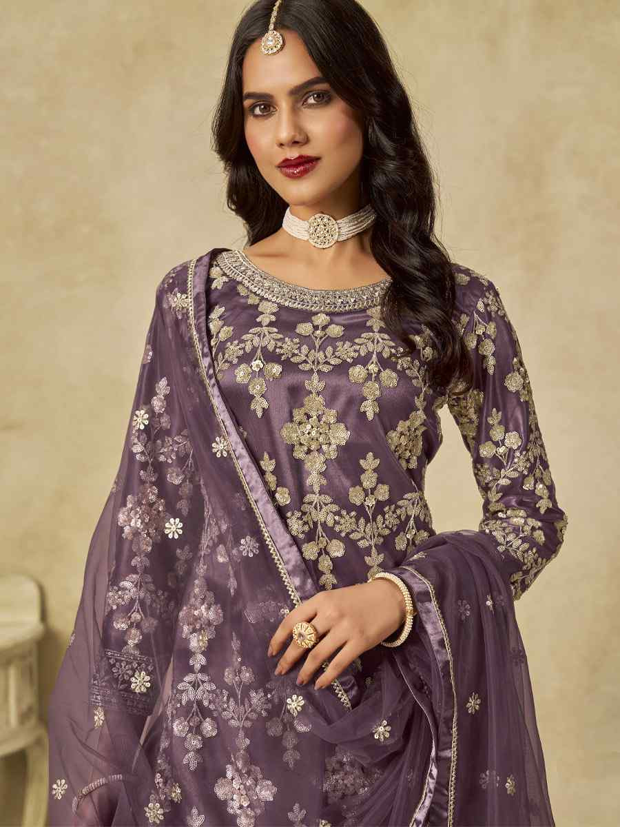Purple Net Embroidered Festival Wedding Sharara Pant Salwar Kameez
