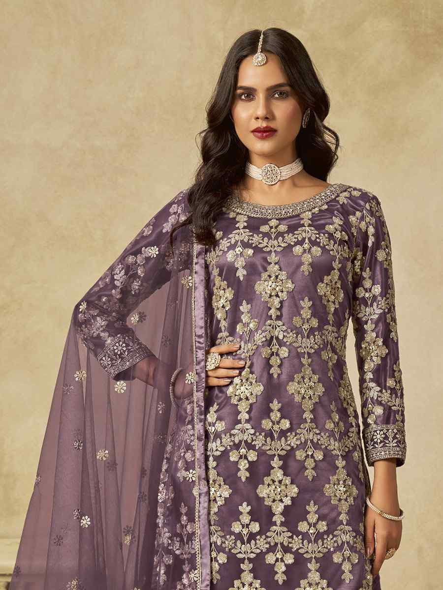 Purple Net Embroidered Festival Wedding Sharara Pant Salwar Kameez
