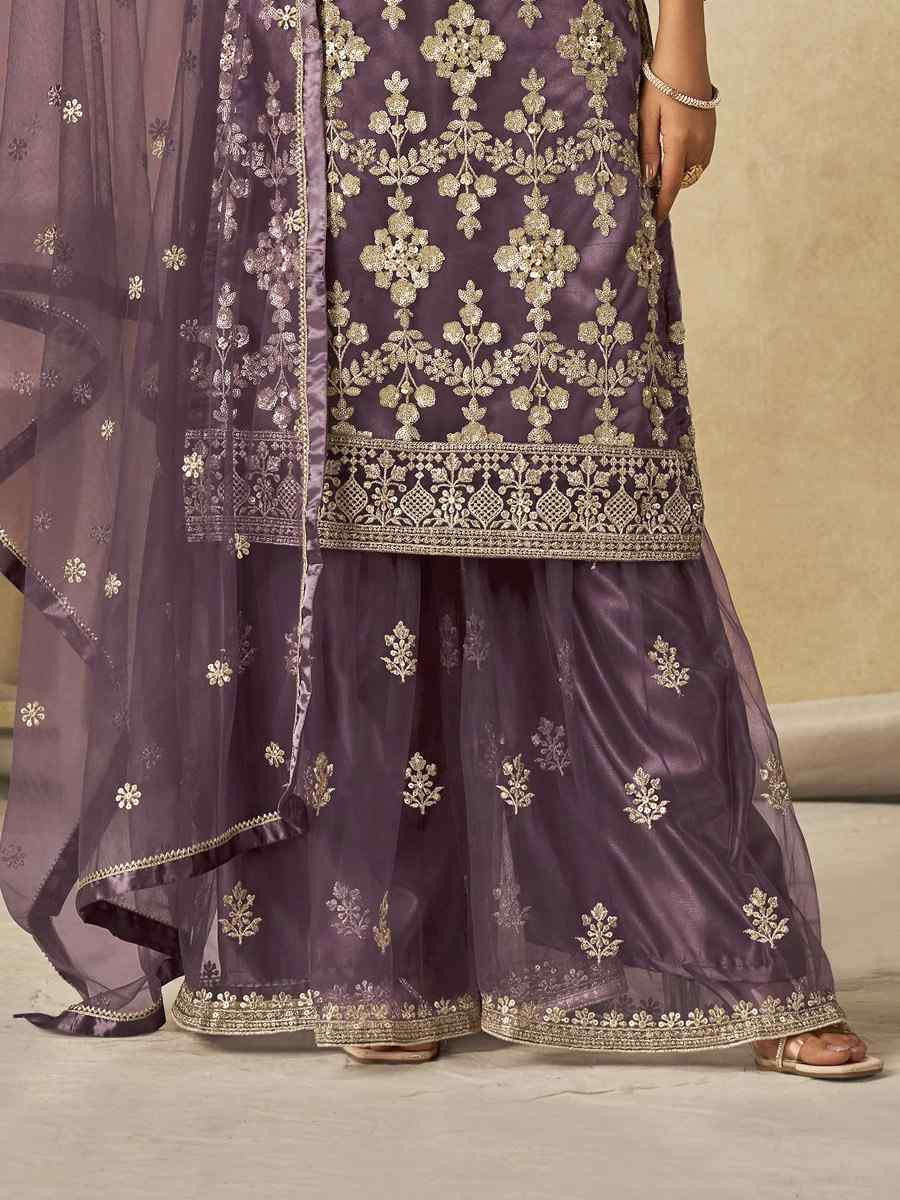 Purple Net Embroidered Festival Wedding Sharara Pant Salwar Kameez