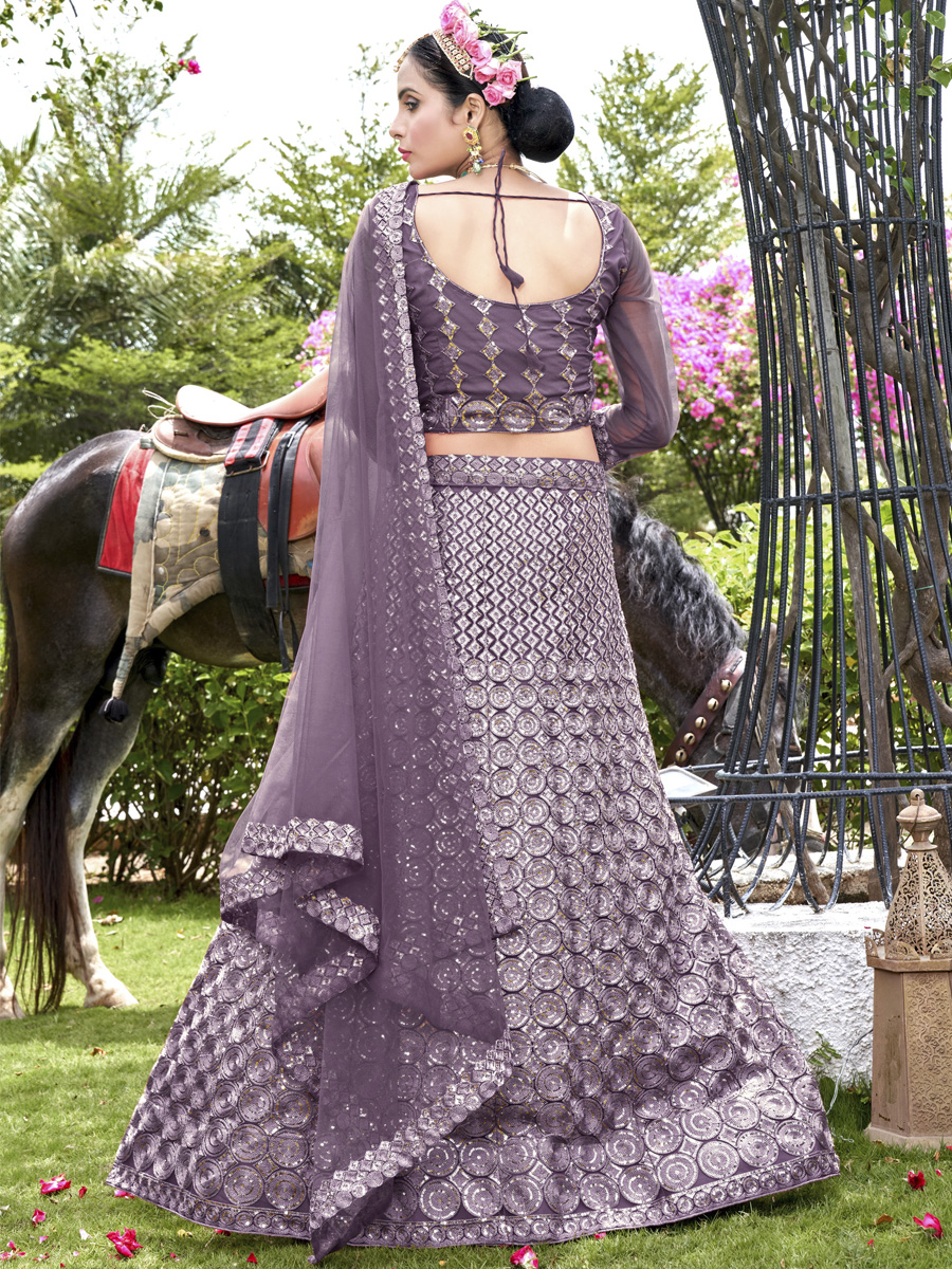 Purple Net Embroidered Party Wear Festival Heavy Border Lehenga Choli