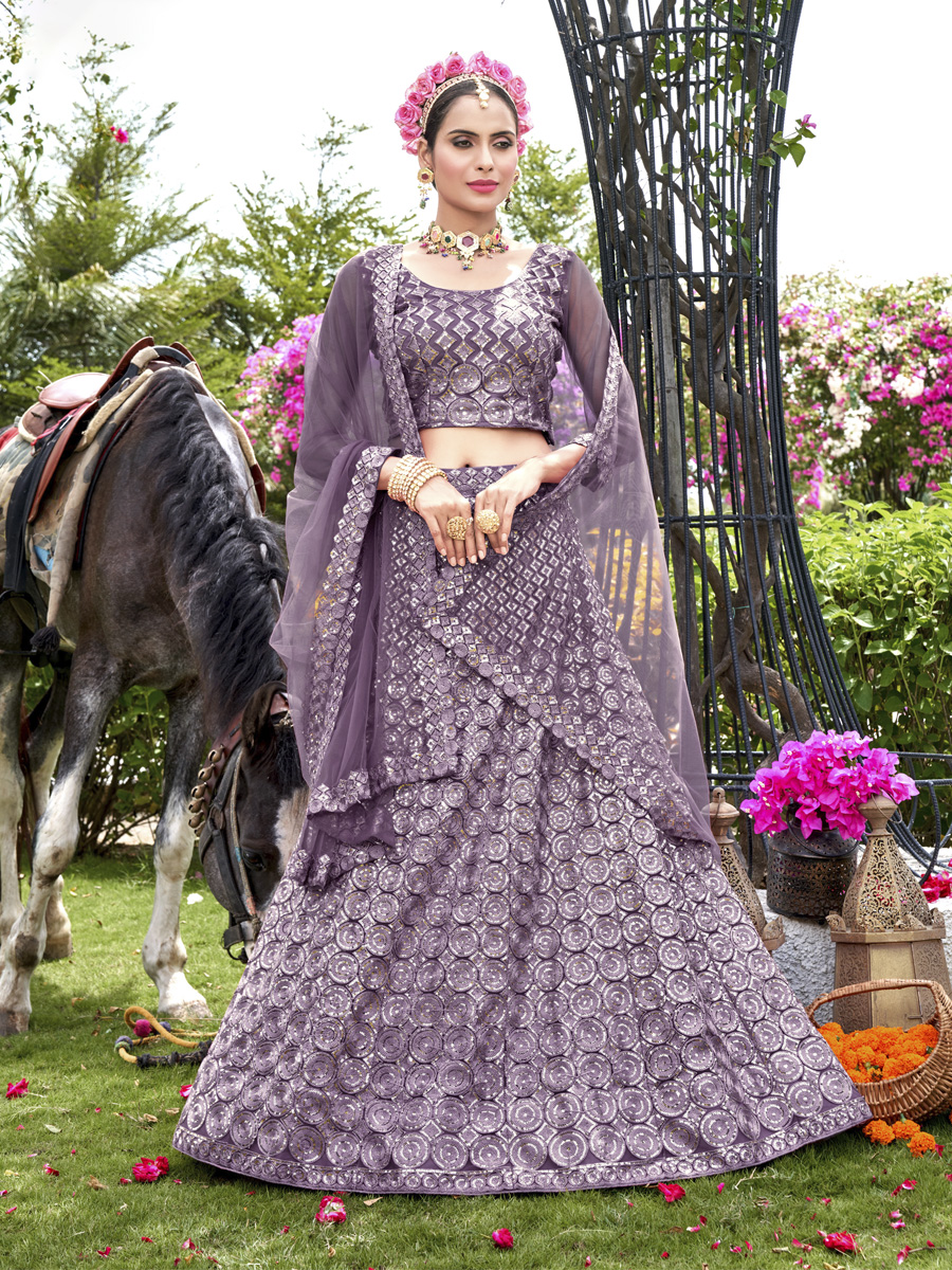 Purple Net Embroidered Party Wear Festival Heavy Border Lehenga Choli