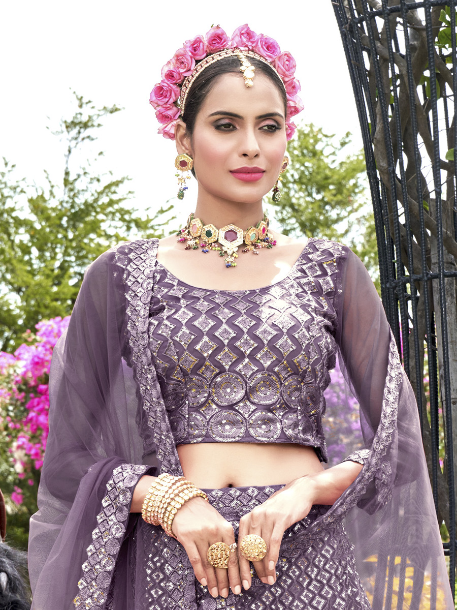 Purple Net Embroidered Party Wear Festival Heavy Border Lehenga Choli