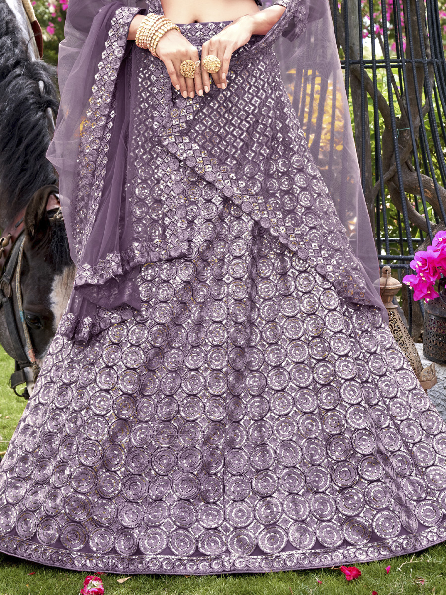 Purple Net Embroidered Party Wear Festival Heavy Border Lehenga Choli