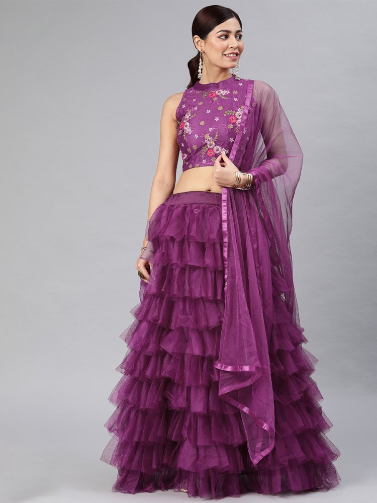 Purple Net Embroidered Party Wear Wedding Circular Lehenga Choli