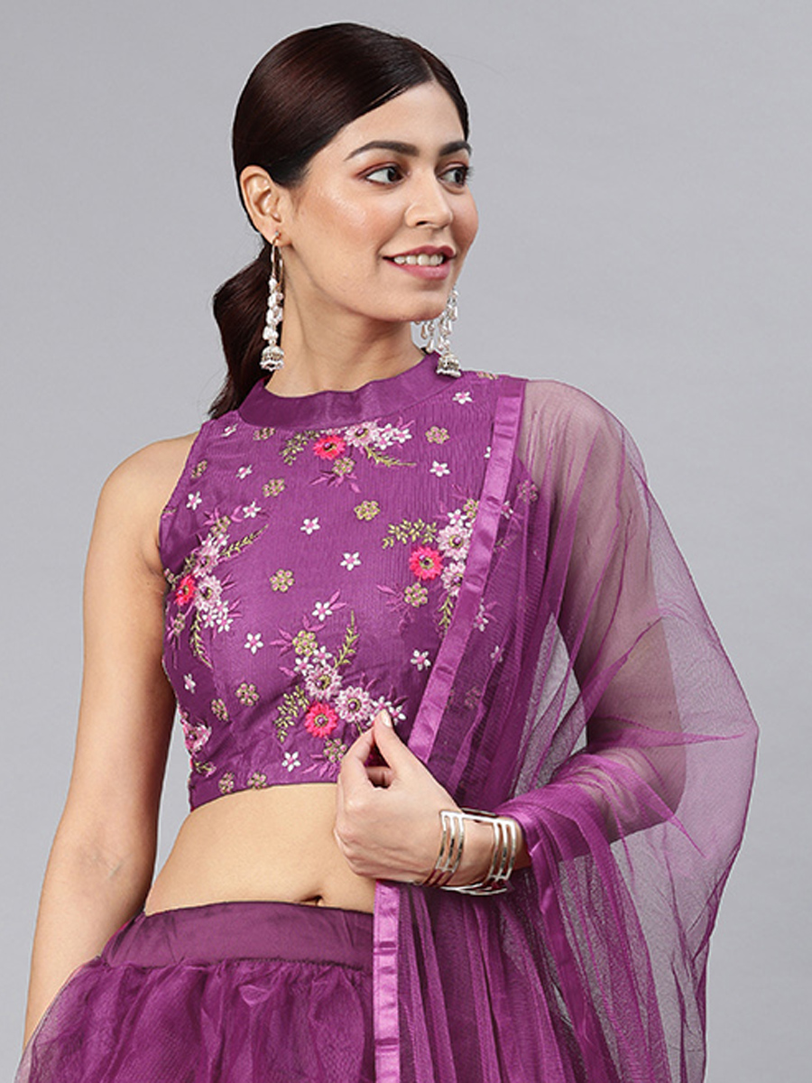 Purple Net Embroidered Party Wear Wedding Circular Lehenga Choli