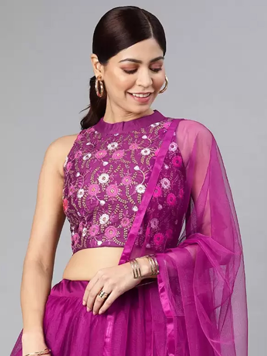 Purple Net Embroidered Party Wear Wedding Circular Lehenga Choli