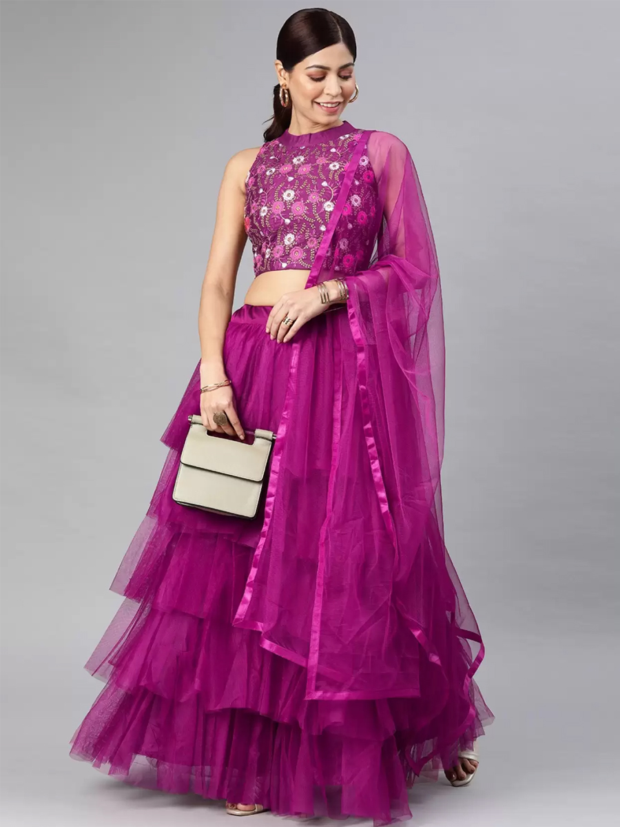 Purple Net Embroidered Party Wear Wedding Circular Lehenga Choli