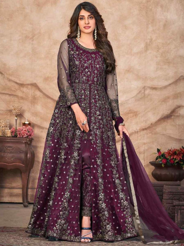 Purple Net Embroidered Party Wedding Lawn Salwar Kameez