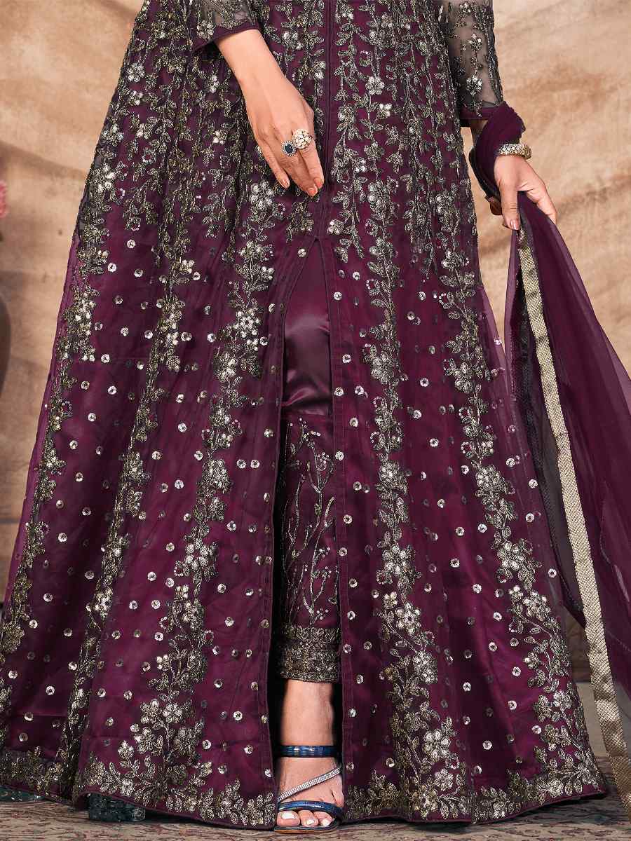 Purple Net Embroidered Party Wedding Lawn Salwar Kameez