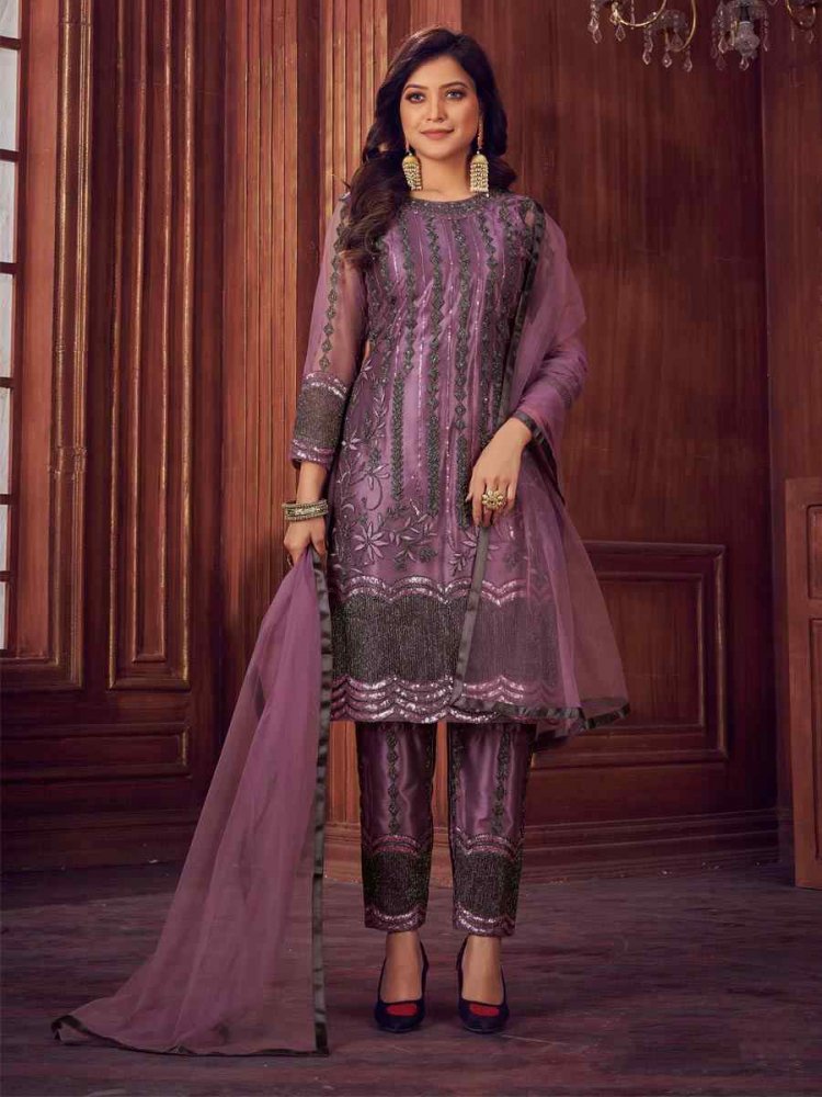 Purple Net Embroidered Party Wedding Pant Salwar Kameez